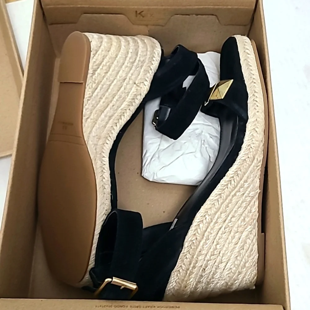 Steve Madden Sunty Studded Suede Wedge Espadrilles Sandals Black Size 9.…